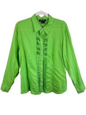 Paperwhite Women 14 Lime Green 100% Linen Pleated Front Roll Tab Button Down Top